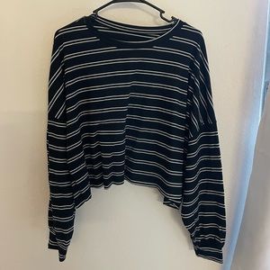 black and white stripe crew neck light weight waffle knit crop long sleeve